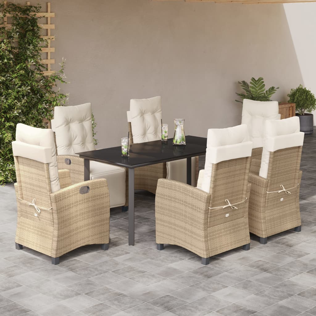 7-tlg. Garten-Essgruppe mit Kissen Beige Poly Rattan